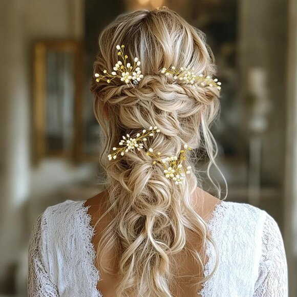 🆕Women Gold Hair Comb and 4 Pins Bridal Pearl Crystal Wedding Hair Comb - Picture 6 of 6